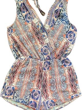 Heartloom Coral & Blue Printed Sleeveless V-Neck Romper with Back Tie